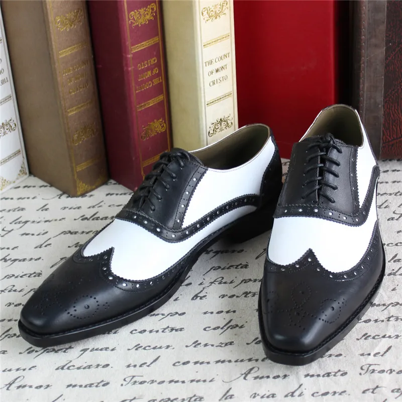 MALONEDA Bespoke White Match Black Genuine Leather Handmade Goodyear Brogue Oxfords Formal Dress Shoes For Men EUR size 37-47