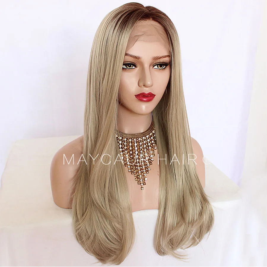 

Maycaur #18 Blonde Ombre Color Long Straight Hair Glueless Wig with Natural Hairline Synthetic Lace Front Wigs for Black Women