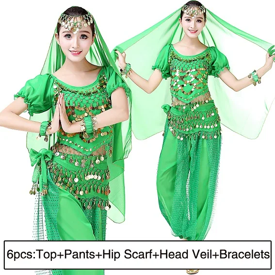 Женский праздничный костюм для выступлений, костюм для восточных танцев живота, вечерние болливудские штаны, египетская танцевальная одежда, комплект одежды, 11 цветов - Цвет: Green 6pcs