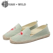 Фламинго с вышивкой обувь на плоской подошве Удобные женские Туфли без каблуков женские Повседневное Эспадрильи обувь дышащий Лен конопляного полотна