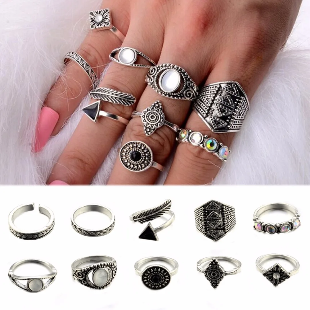 10pcs/set Vintage Steampunk Ring Sets Shellhard Punk Leaf StoneStacking Midi Finger Ring for Women Jewelry Female Anillos