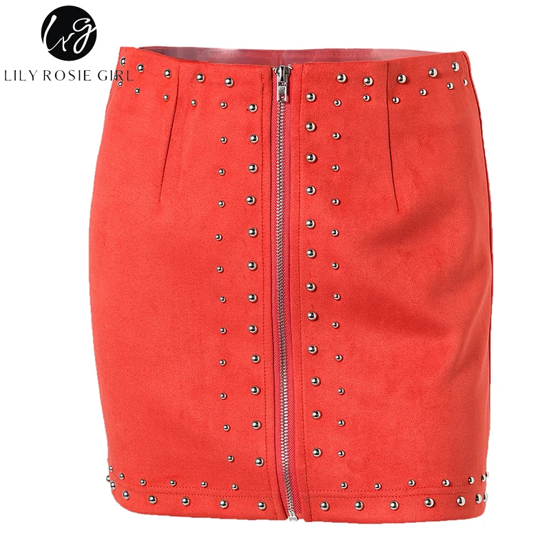 Lily Rosie Girl Red Suede Leather Rivet Pencil Skirt Women High Waist Sexy Club Zipper Autumn Winter Mini Short Bodycon Skirts