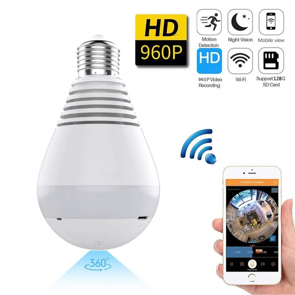 

360 Degree Panorama Video Camera Wifi IP Light Bulb Surveillance CamCCTV Motion Sensor Night Vision 960P for iPhone Android