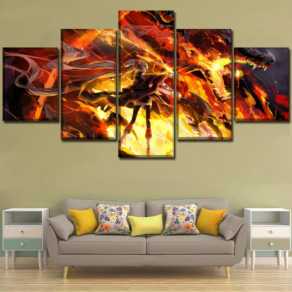 

Canvas Painting HD Print Modular Picture 5 Pieces Anime Girl Warrior And Fire Dragon Poster Wall Art Home Decorative Framework