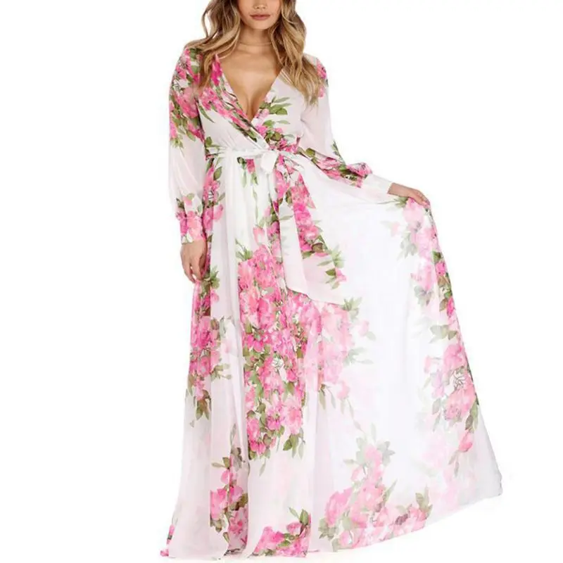 

Women Summer Plus Size Long Lantern Sleeve Chiffon Evening Party Maxi Dress Deep V-Neck High Waist Floral Printed