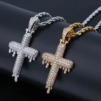 

European and American cross water drop hiphop pendant micro inlaid zircon necklace