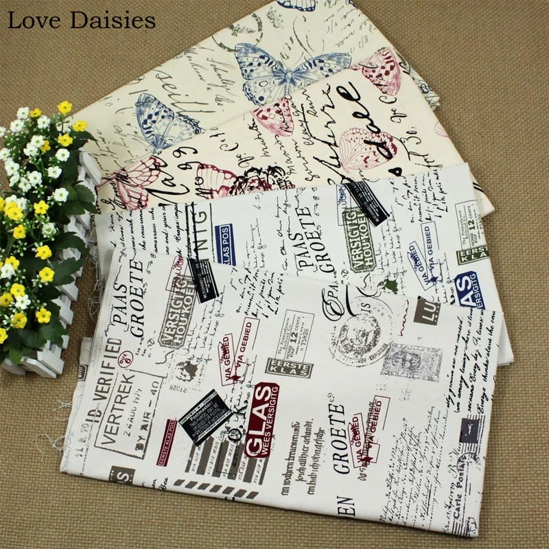 

100%Cotton Double Warp Double Weft Canvas BEIGE WHITE Letter Stamp Butterfly Thick Fabric for Cover Cushion Bag Tablecloth Craft