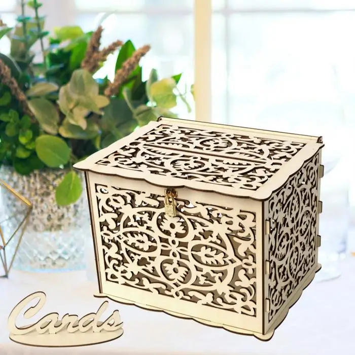 Прекрасный DIY деревянная коробка для свадебных карточек с замком и слотом для деревенского свадебного украшения XH8Z MA19