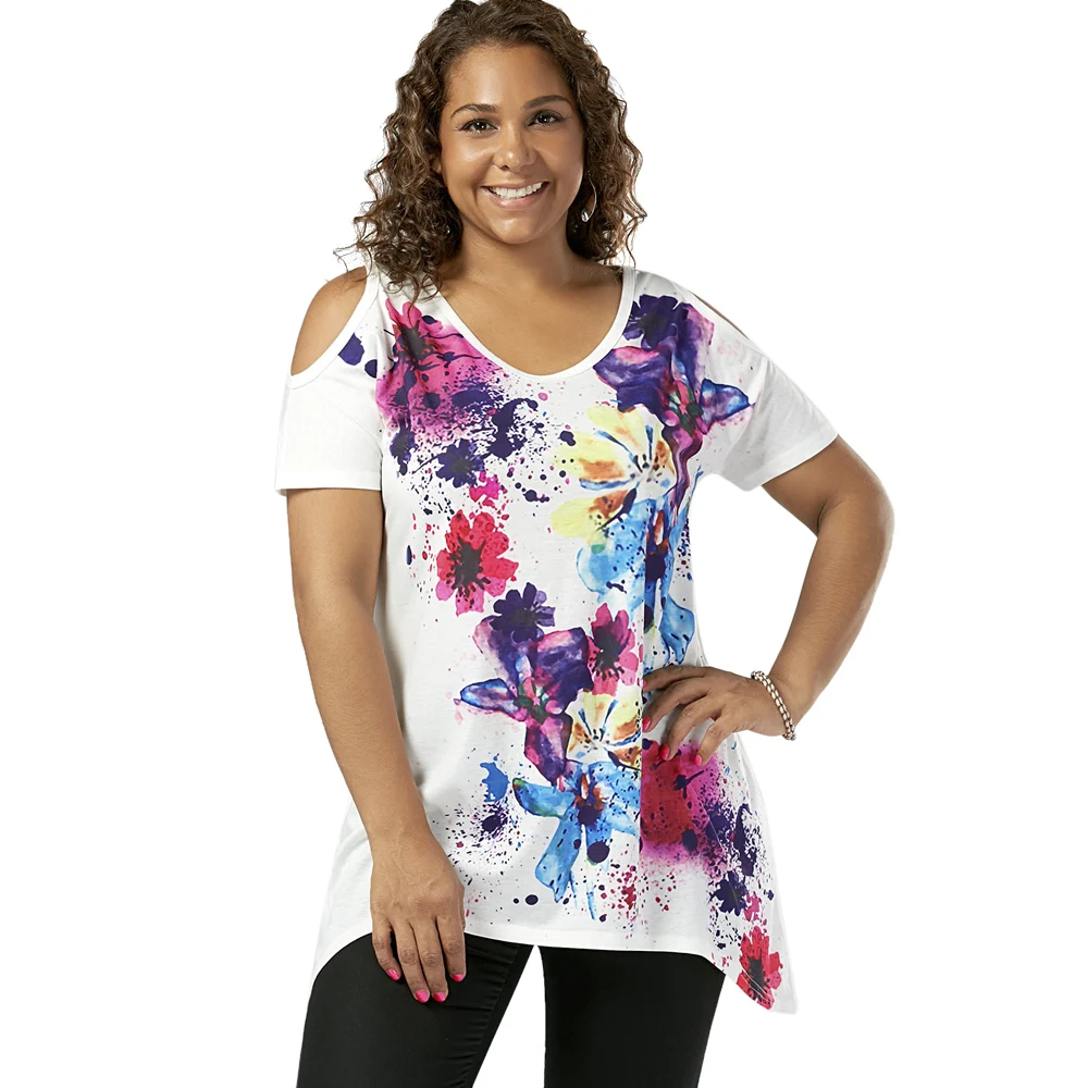 

Wipalo Women Summer Fashion Plus Size 5XL Cold Shoulder Splatter Paint T-Shirt Scoop Neck Short Sleeves Casual Ladies Tops Tees
