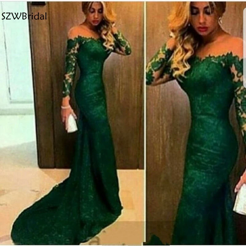 

New Arrival Green Long sleeve evening dresses 2019 Lace Muslim evening dress Abendkleider abiye mermaid dress Party avondjurk