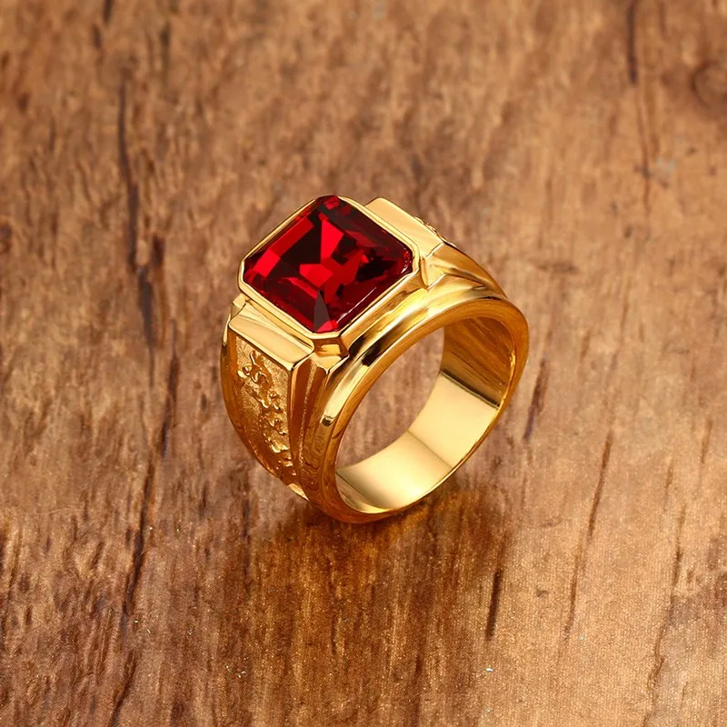 Men's Figment Ring with Red Blue CZ Stone in Gold Tone Stainless Steel Engraved Dragon Men Wedding Bands for Male Jewelry Anel