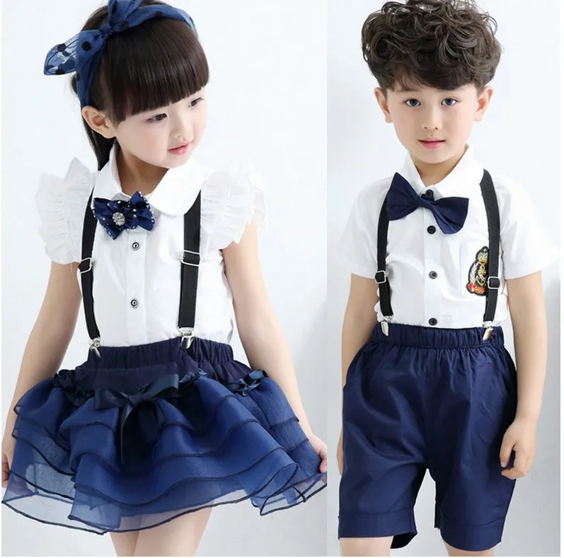  2018 Summer Boys and Girls Uniforms Children's White Shirt Bib Costume Children's Dance Wear Kinder - 32861176011