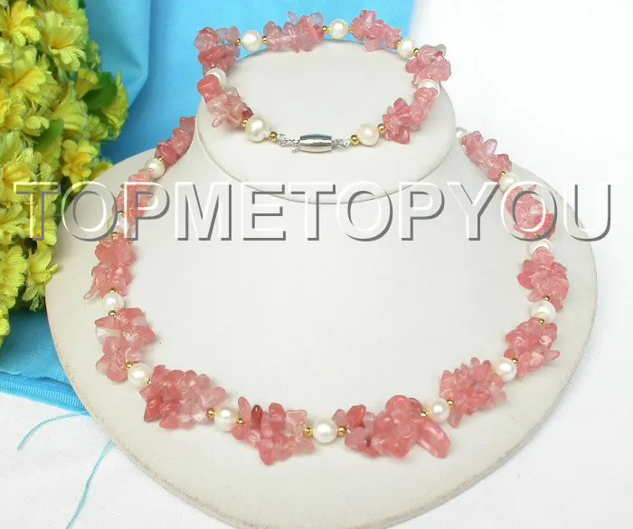 

Free shipping hot sale Women Bridal Wedding Jewelry >>17" 8" 2row cherry Quartz white pearls necklace Bracelet set
