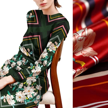 

135*73CM 19MM Floral Print Red Green Strech Silk Satin Fabric for Elegant Women's Blouse Dress Clothing Cheongsam DE959