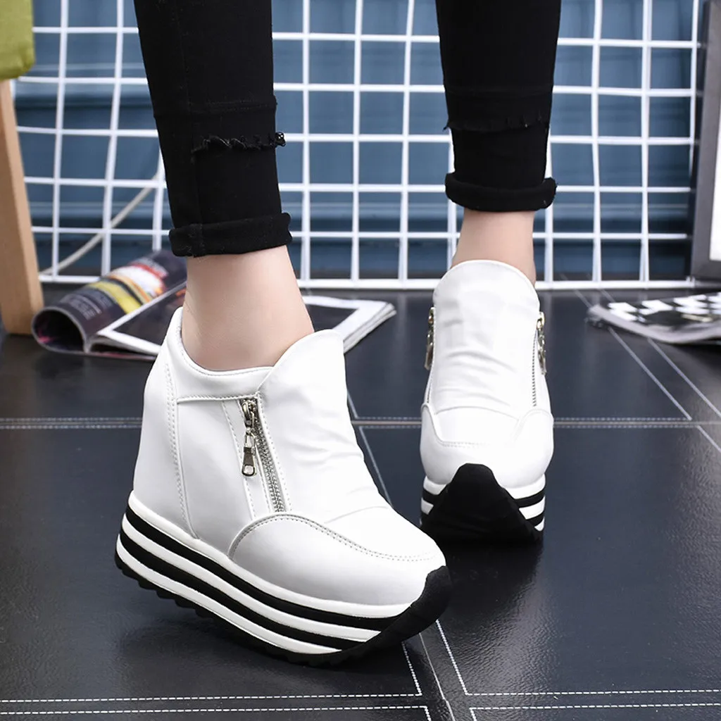 

Leisure Women height increase platform shoes Round-Toe Non-Slip Thick Bottom Zipper Casual Shoes Sneakers #XTN