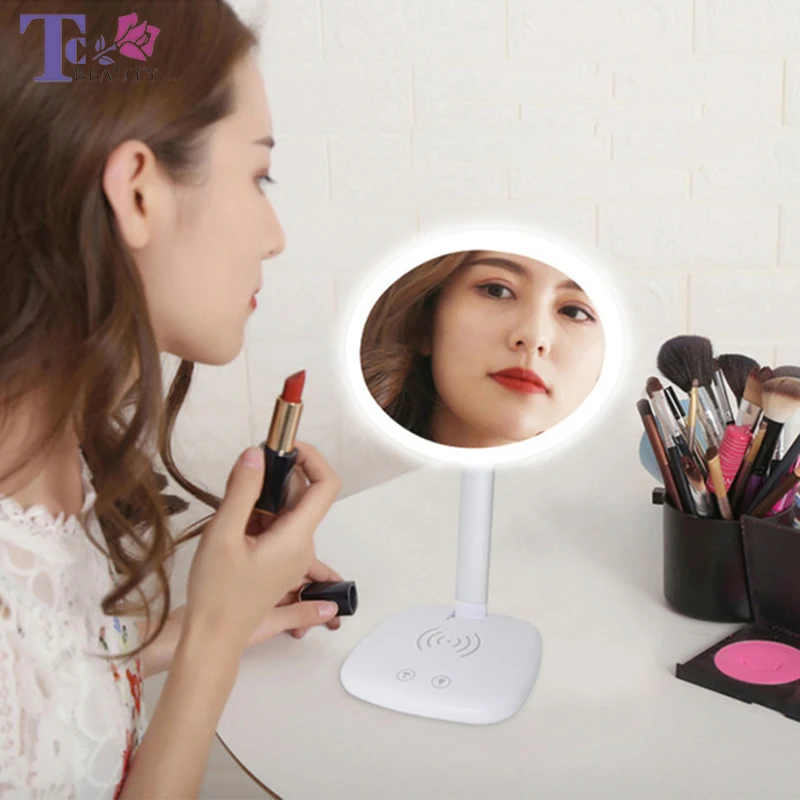 Simple Makeup Mirrors With LED Lights Cell Phone Wireless Charging