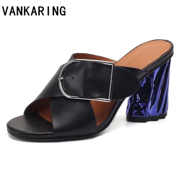 

VANKARING genuine leather summer shoes woman fashion sandals 2019 new strange style heel open toe women ladies party dress shoes