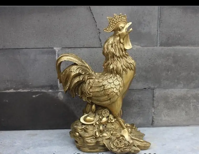 

wan67104051+++China FengShui Brass Money Yuanbao Peony flower Cock Chicken Rooster Statue