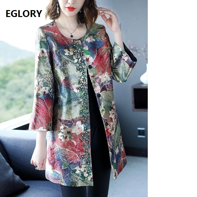 

New Plus Size Coat Trench 2018 Autumn Winter Women Ethnic Print Diamond Beading Wide-waisted Coat Overcoats Feminino Casaco