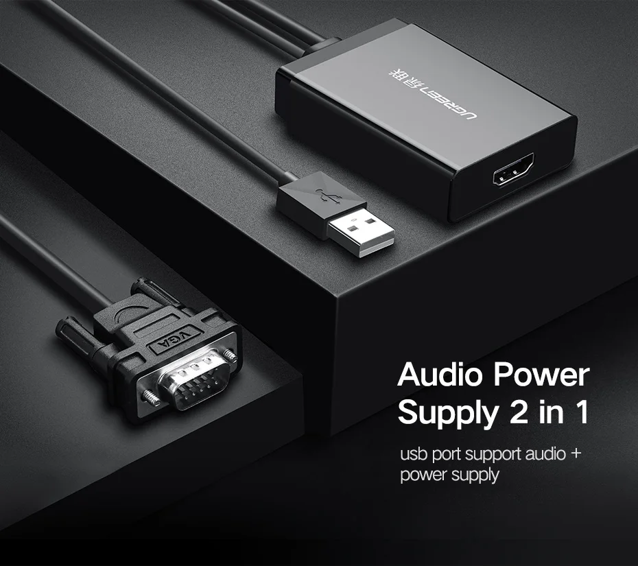 Адаптер Ugreen VGA HDMI 1080P Переходник папа мама для ноутбука монитора HDTV видео и