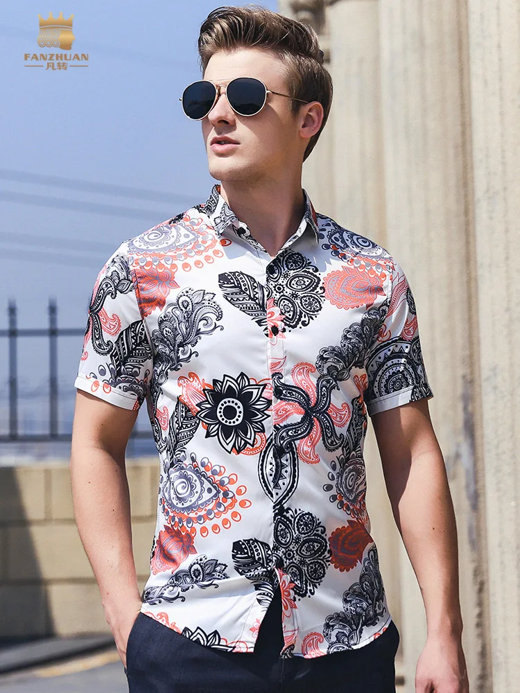 

FANZHUAN Free shipping New 2019 summer men's male comfortable short-sleeved shirt fashion printing Iron free white shirt 922028