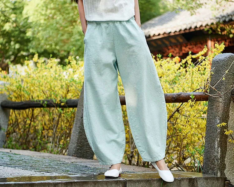 LZJN 2019 New Women Solid Color Pockets Loose Pants Vintage Elastic Waist Cotton Linen Wide Leg Full Length Pants (27)