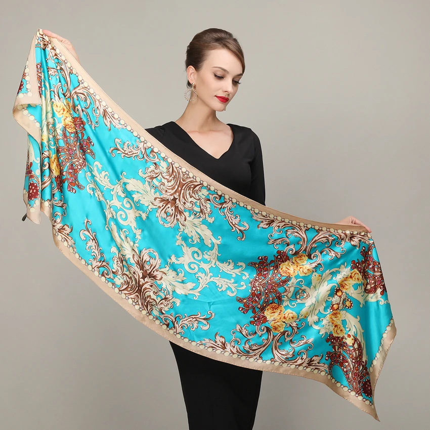 Cachecois Women Blue Silk Scarf Bronzing Printing Autumn And Winter Hot Sale Ladies Pure Silk ...