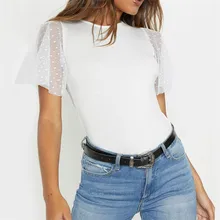 2019 summer women tops sexy perspective stitching short-sleeved T-shirt round neck fashion T-shirt pullover solid color T-shirt sky blue self tied design color stitching t shirt