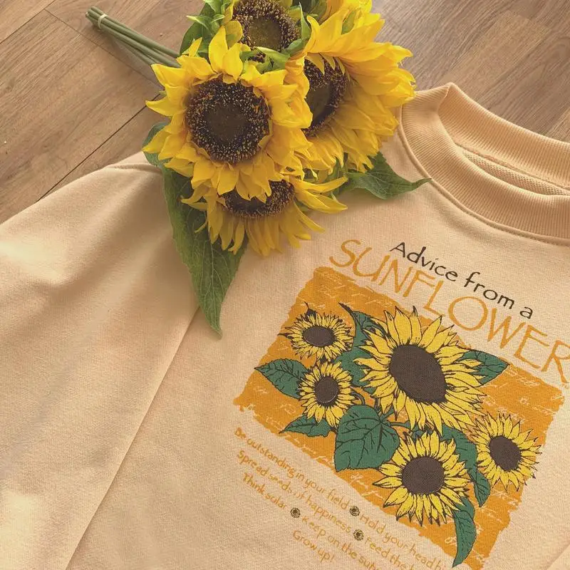  Japanese Style Sweatshirt Women Long Sleeve O-neck Sunflower Print Loose Pullovers Top Casual Hoodi