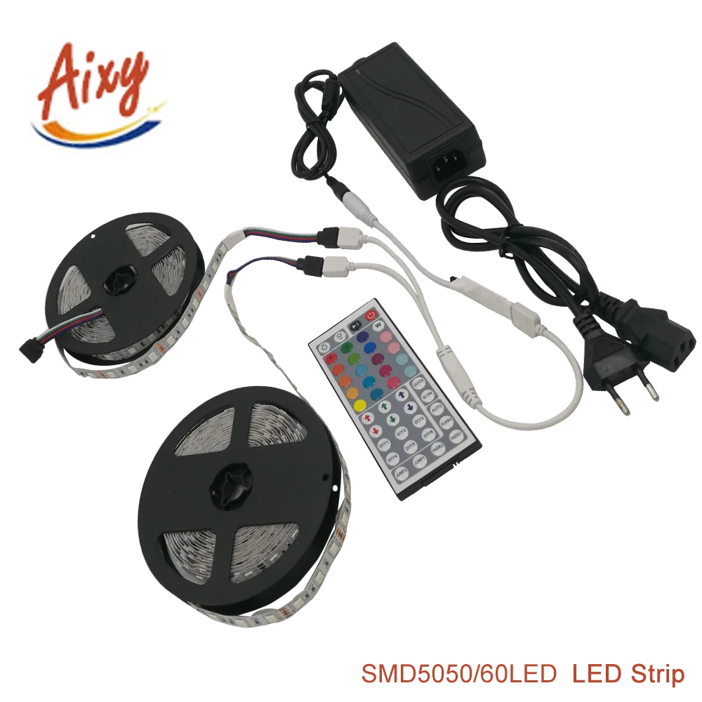 

RGB Led Strip 5050 SMD Waterproof/Non waterproof 60LED/M DC12VLED Light 5M 10M 15M +44 Keys Remote Controller+12V Power Adapter