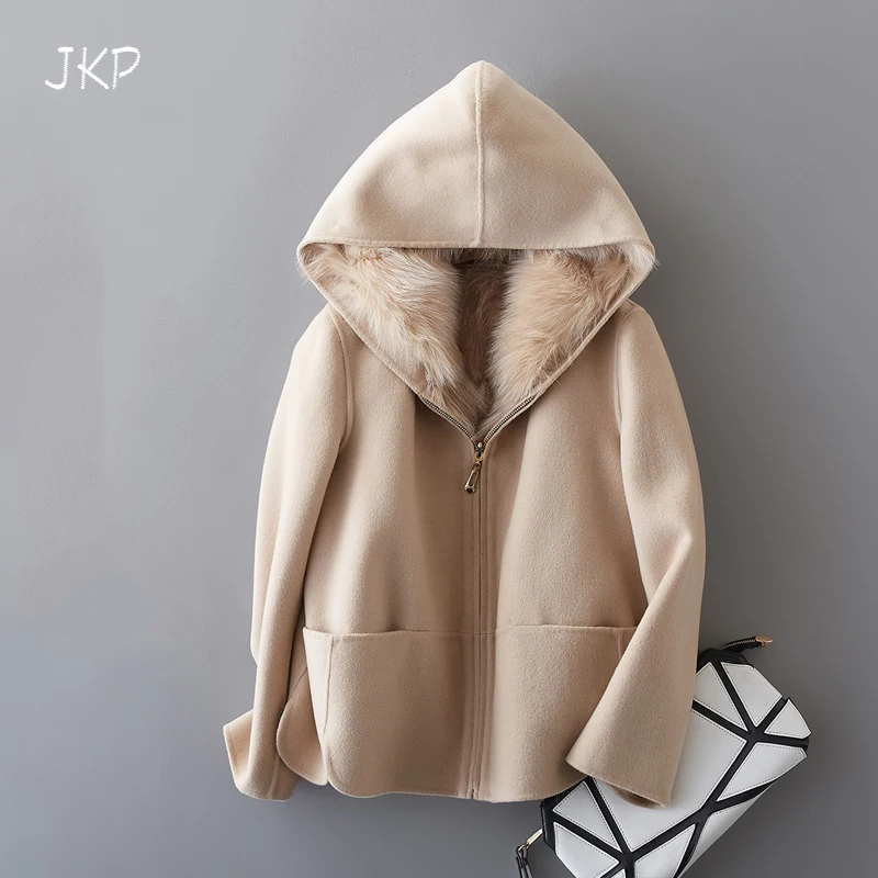 

Handmade double-sided cashmere coat female short paragraph 2018 new wool woolen coat fox fur liner detachable hooded fur