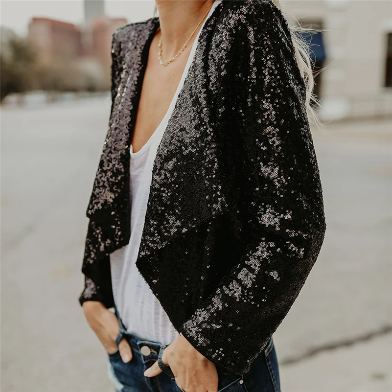 

Spring Autumn Fashion Women Black Sequined Coats Irregular Outwears Cardigan Shorts Slim Jackets Crop Tops sudaderas mujer 2019