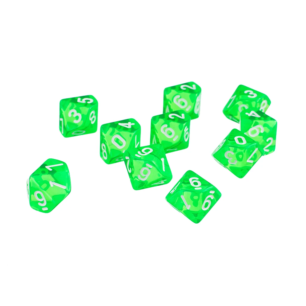 3 cm Set of 10 Dice Plastic D10 Green Ten Sided Gem Dice for RPG Dungeons & Dragons Games 