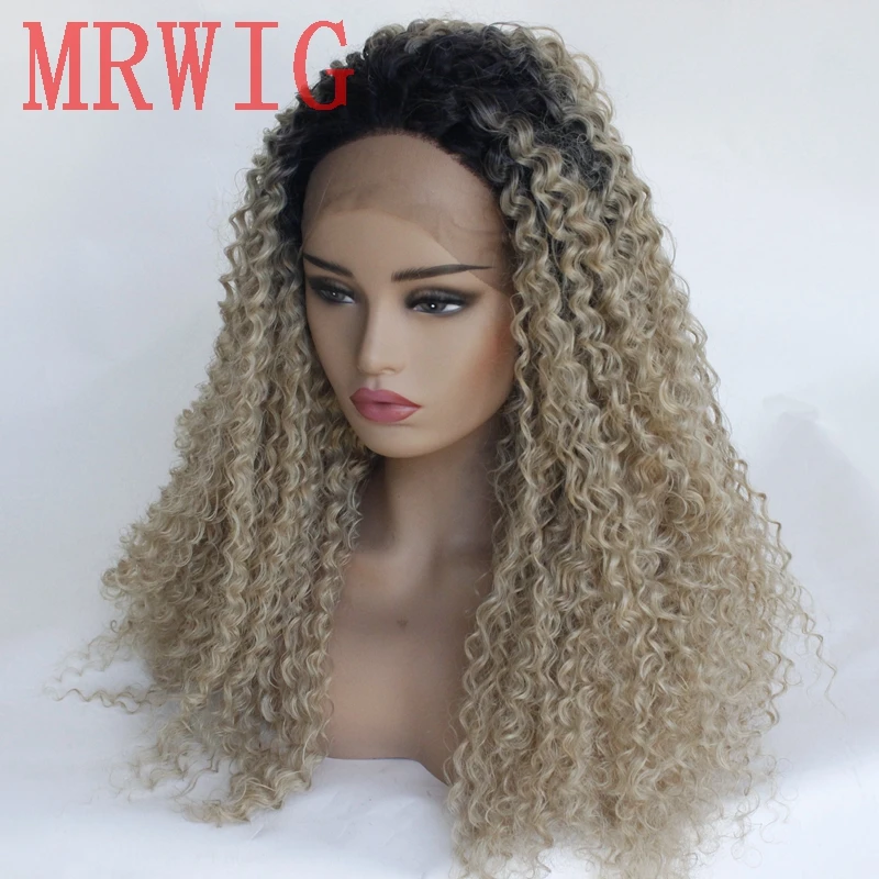 MRWIG short dark roots 1b#/27#mixed #613 blonde hair color long kinky curly synthetic front lace wig