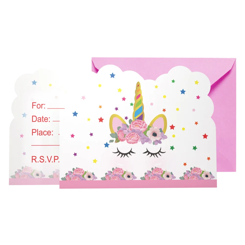 

2018 New Unicorn Design 12pcs Cards+12pcs Envelopes Invitation Card for kids Birthday Party Supply