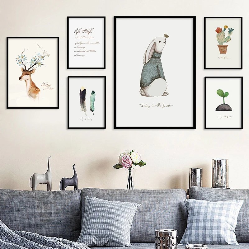 

Cartoon Animal Deer Rabbit Plant Cactus Feather Quote Oil Painting Art Canvas Wall Pictures For Kid Room Decoration No Frame