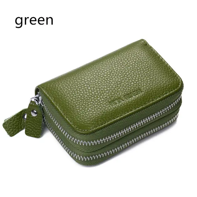 Fashion Women Card Holder Double Zipper Genuine Leather Wallet Credit Cards Case Bag green