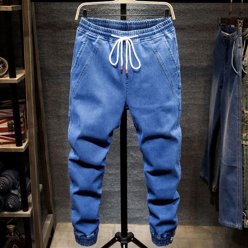 

Spring Autumn Harem Denim Jeans Men Loose Drawstring Elastic Waist Spliced Bunch Foot Solid Color Casual Male Jeans Fashion