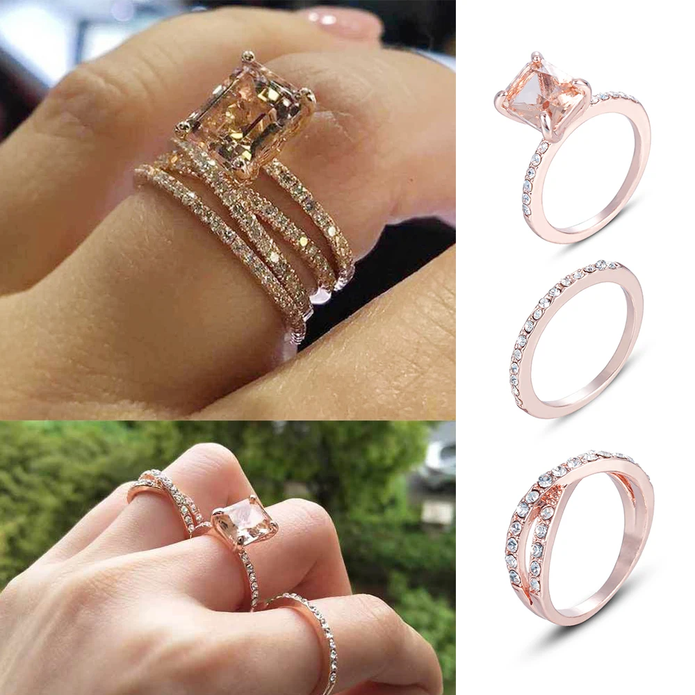 

3pcs/set Fashion Engagemen Zircon Crystal Rings Womens Girls Silver Filled Wedding Ring Set Lover Wedding Jewelry Party Gift