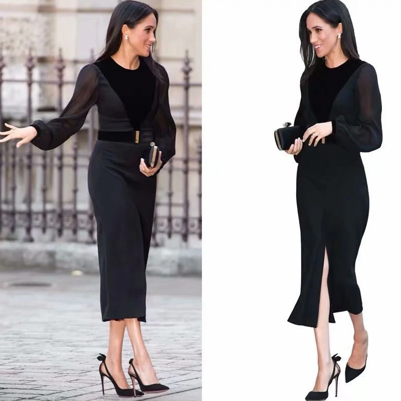 Kopen Lange Jurk Ontwerper Herfst Nieuwe Damesmode Work Party Sexy Sexy Elegante Chic Potlood Zwarte Lange Mouwen jurken
