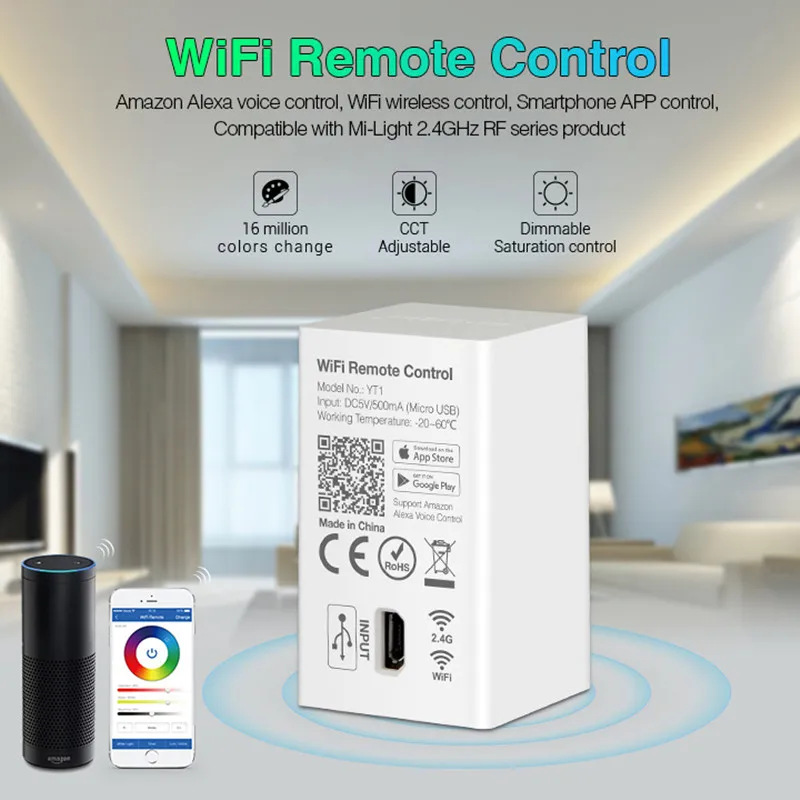 

Milight YT1 Remote WIFI LED Controller Amazon Alexa Voice Control WiFi Wireless & Smartphone APP work with Mi.light 2.4G Series