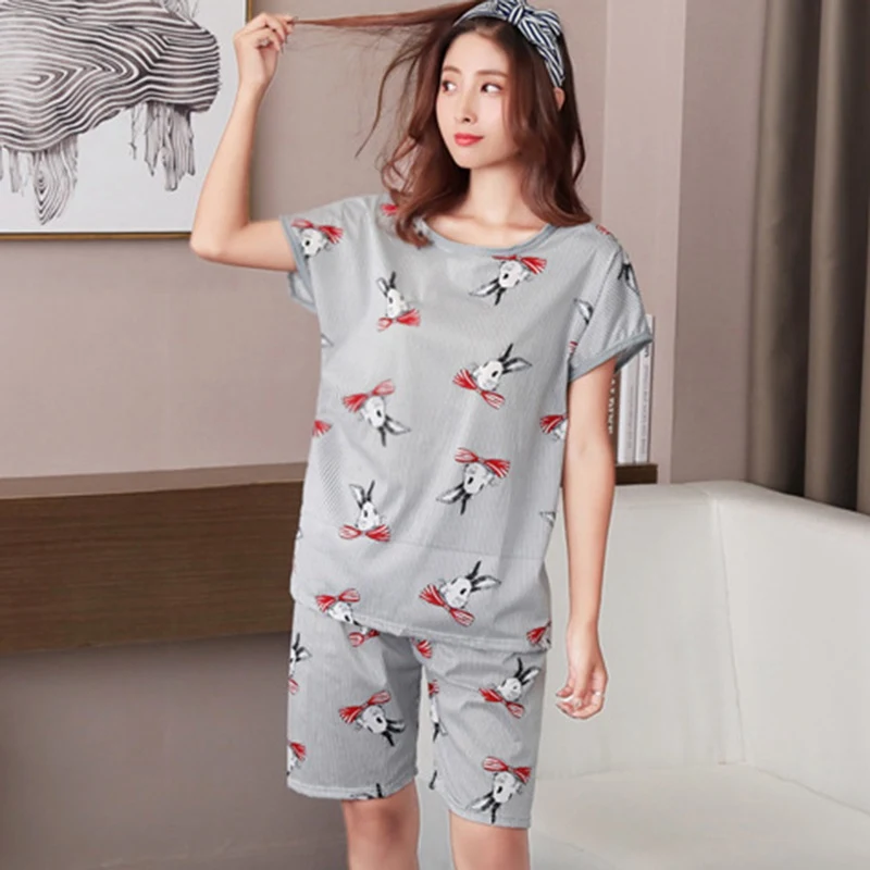 

Summer Women Two-piece Set Sleepwear Cute Girl Korean Version of The Cartoon Print Top + Shorts Ladies Pajamas