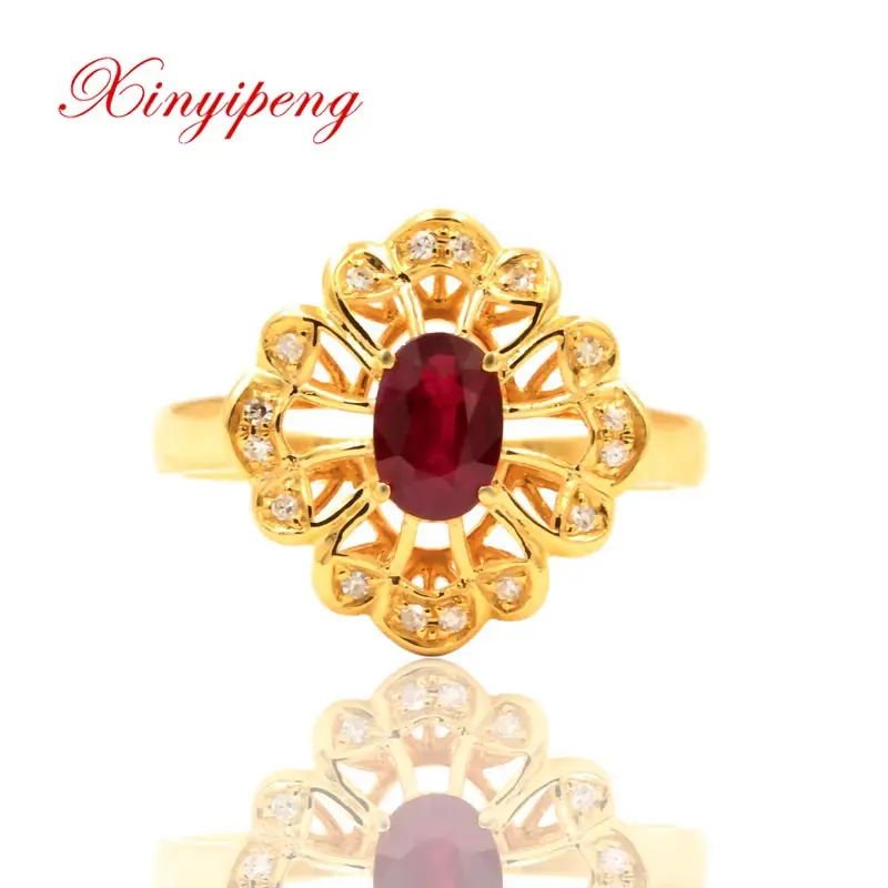 

Xin yi peng 18 k yellow gold inlaid 0.55 ct natural pigeons red ruby ring with diamond women elegant flower beautiful gift