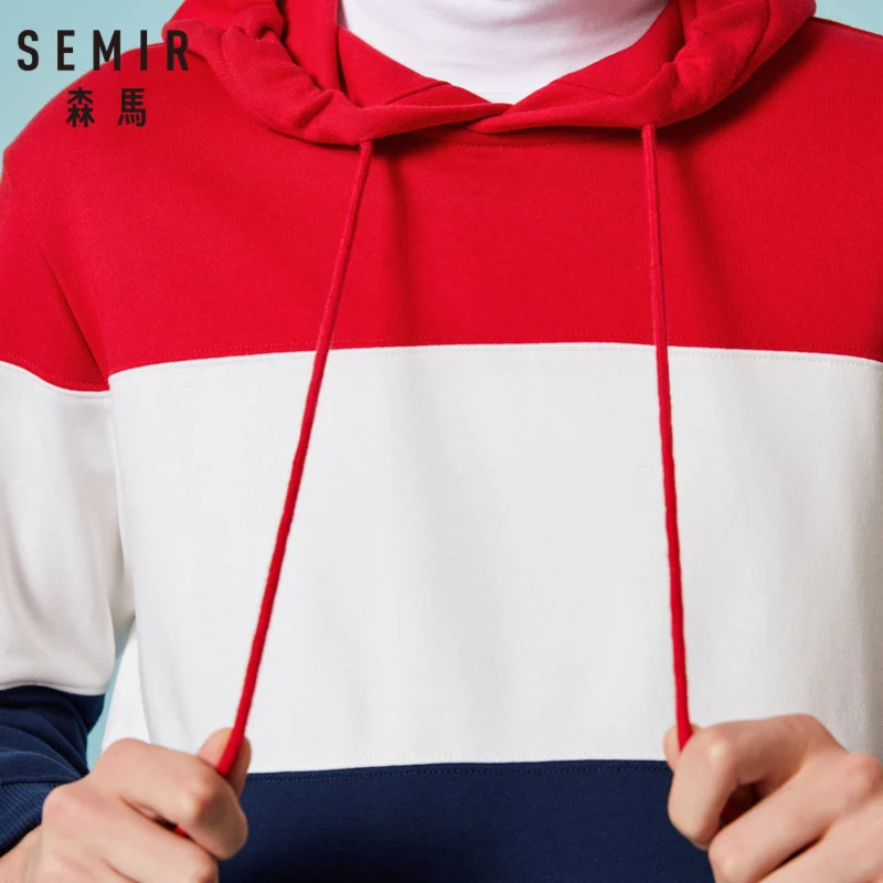  SEMIR Men Retro Color Block Hooded Sweatshirt with Kangaroo Pocket Pullover Hoodie Elastic Drawstri