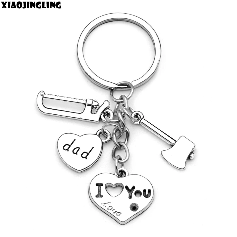 

XIAOJINGLING I Love You Dad Saw Ax Tools Charms Pendant Keychain Father's Day Gift Dad Papa Keyring Daddy Key Ring Men Jewelry
