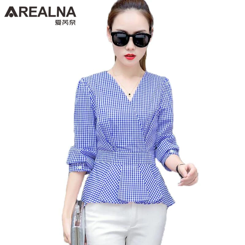 Ceny Vintage Z Długim Rękawem Plaid Kobiety Koszula 2017 Jesień Kimono Kobiety Tunika Bluzki V neck Panie Biurowe Koszule Blusas Camisas Mujer Y
