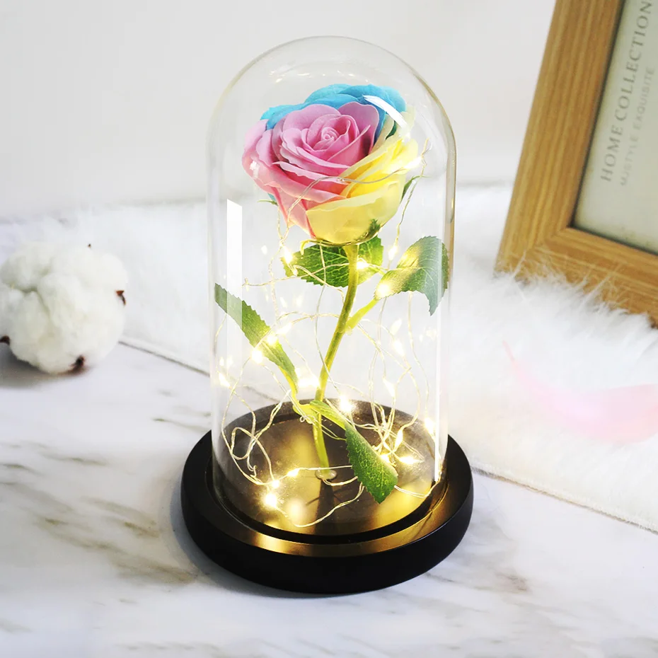 LED Lamp In Flask Glass Dome Artificial Flower with Eternal Battery Natural Real Madrid for Wedding Mother's Day Birthday Gift