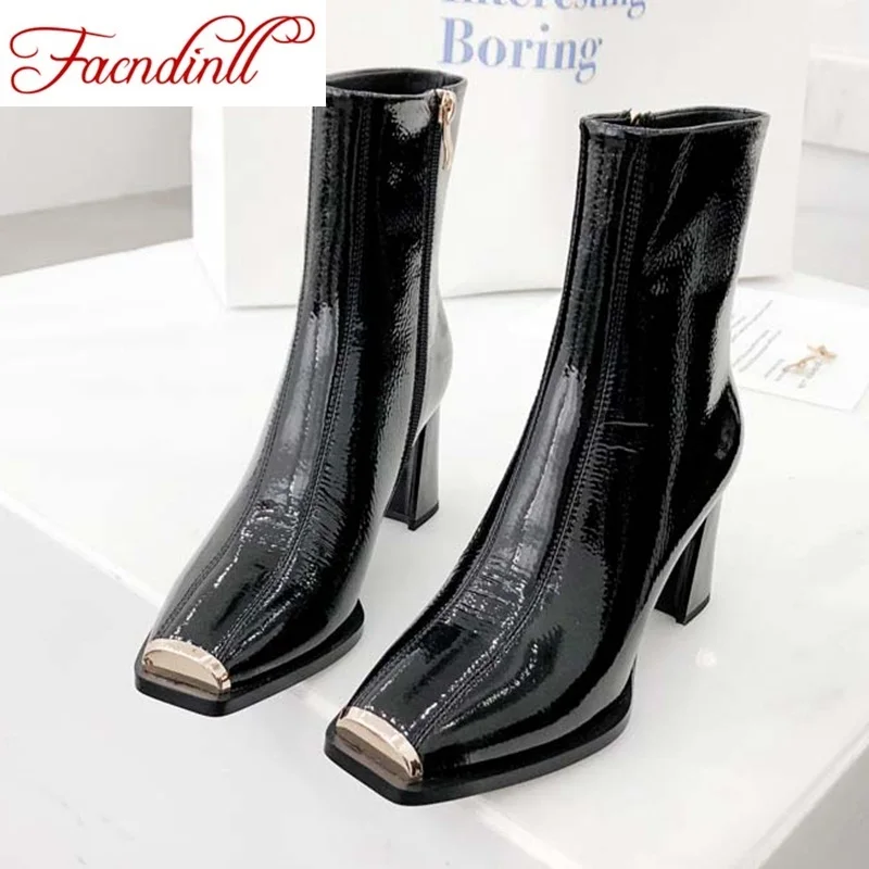 

FACNDINLL 2019 new arrival women ankle boots shoes real patent leather sexy high heels square toe zipper autumn winter boots