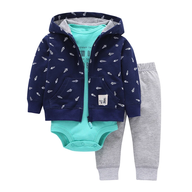 baby boy clothes rockets print tracksuit hooded coat +Long sleeve romper+pants clothing set 2019 3pcs baby girl spring costume