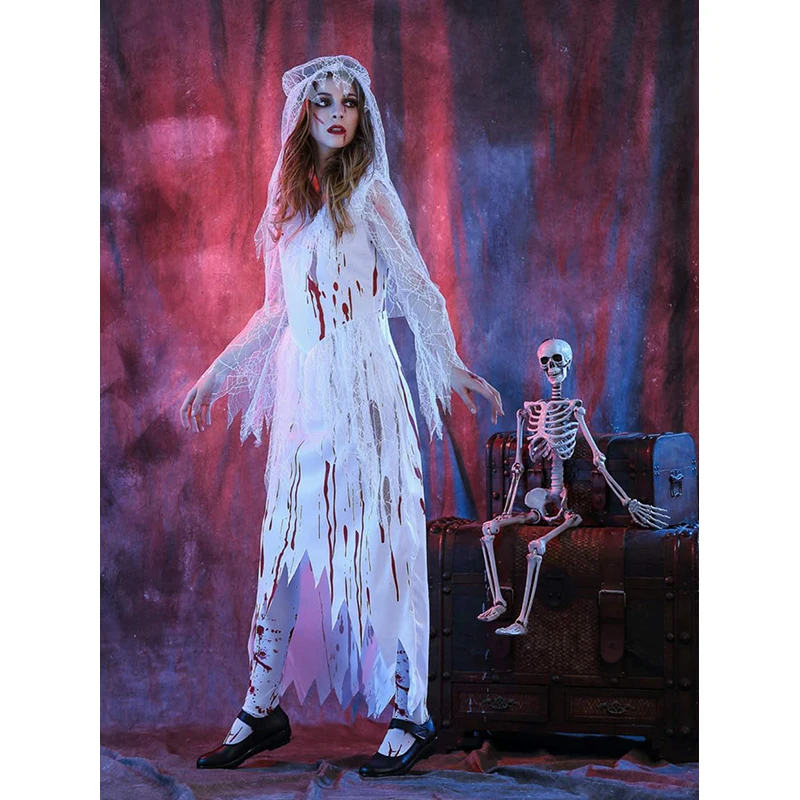 2018 высокое качество ужасный костюм вампира Косплей Взрослый маскарадный костюм вечерние призрак Вечеринка белое платье Женский сетевой